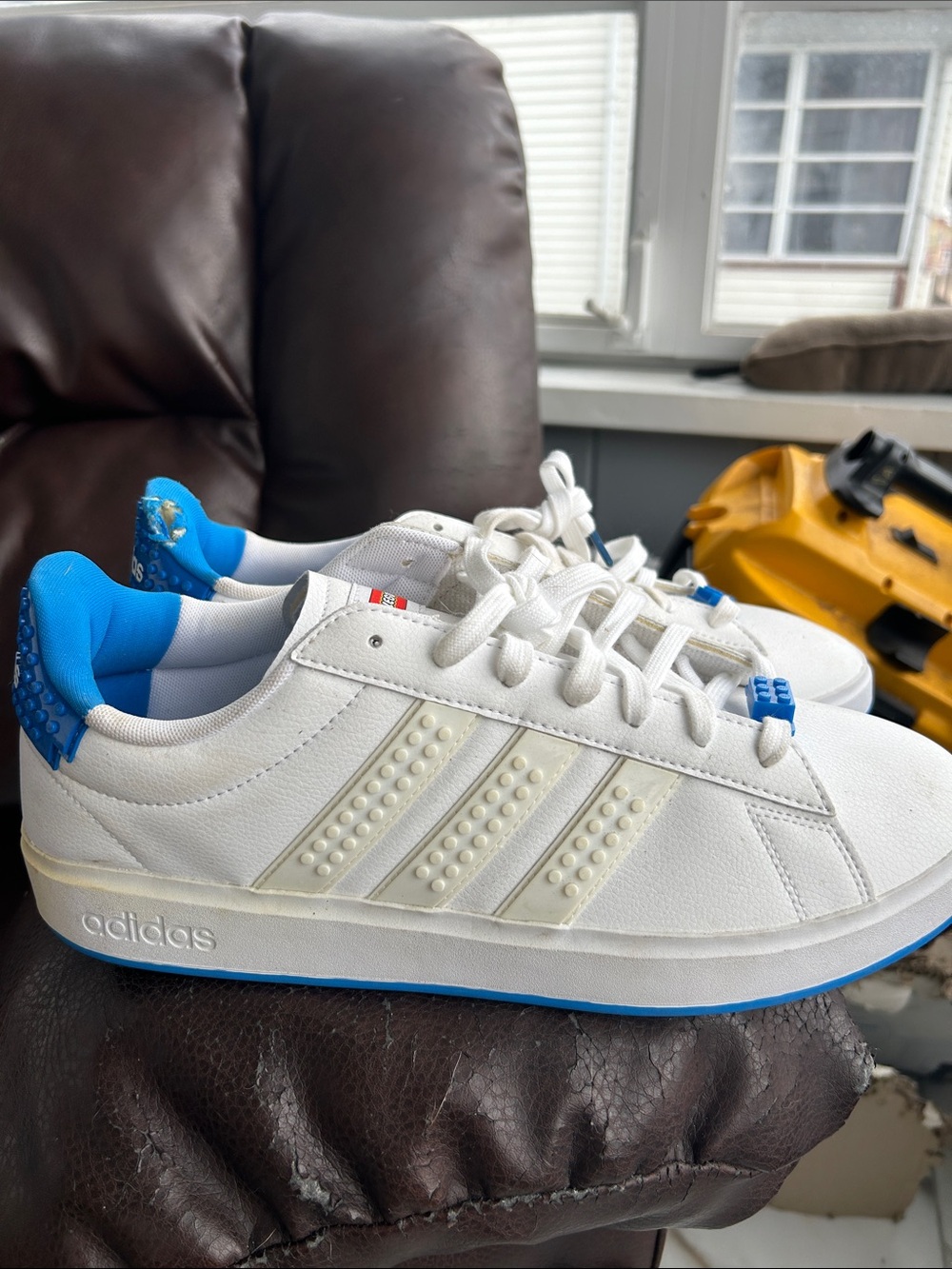 ADIDAS Men’s White Sneakers with Bright Blue LEGOS….. LEGO WORLD!!!!